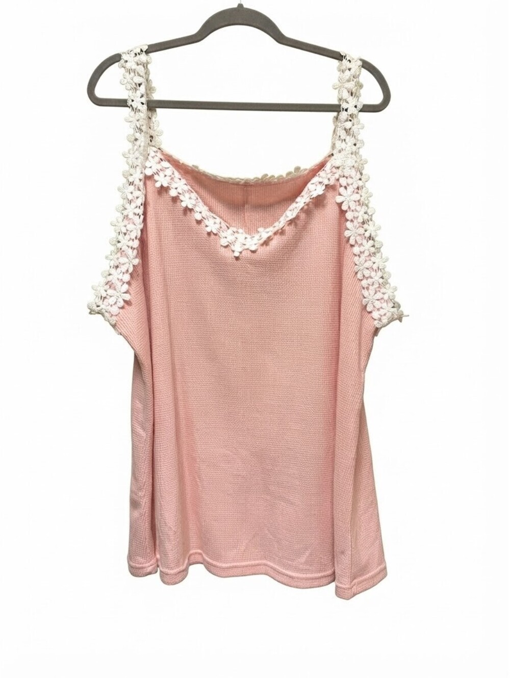 Plus Size 5XL Pink Waffle Knit Tank Top White Crochet Daisy Trim Cute Casual
